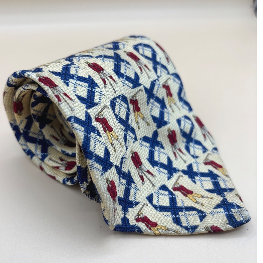 Tommy Hilfiger Mens Silk Tie Golf Theme Vintage Made in USA Blue Cream 4 Inch